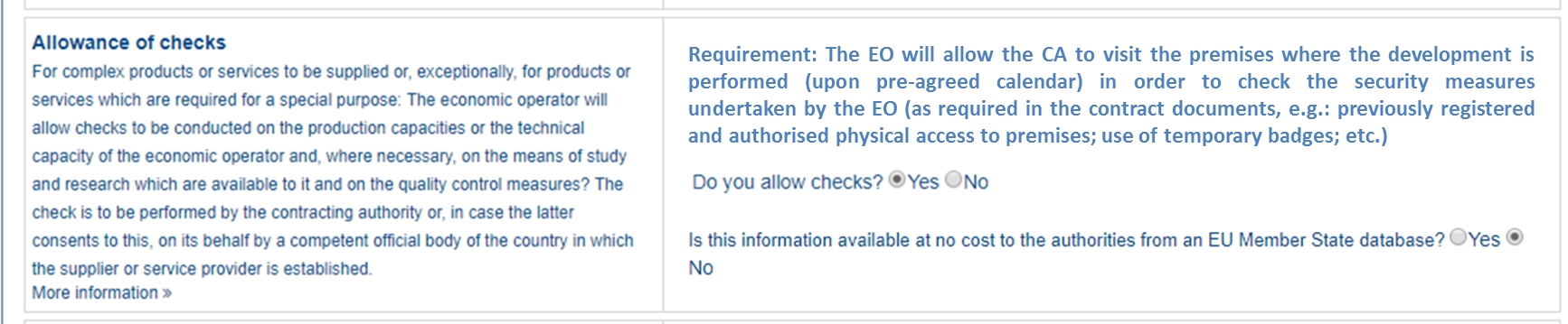 Special requierements check' EO mock-up
