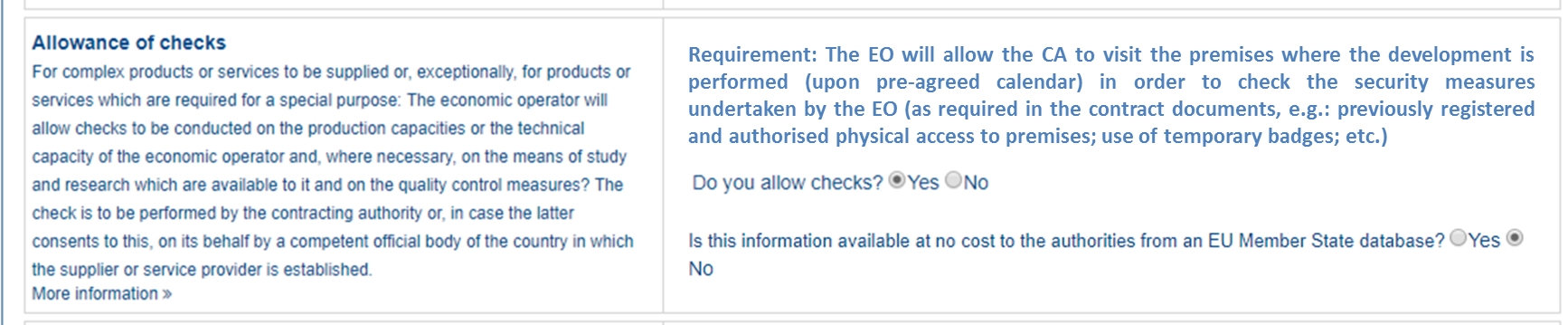 Special requirements check' EO mock-up